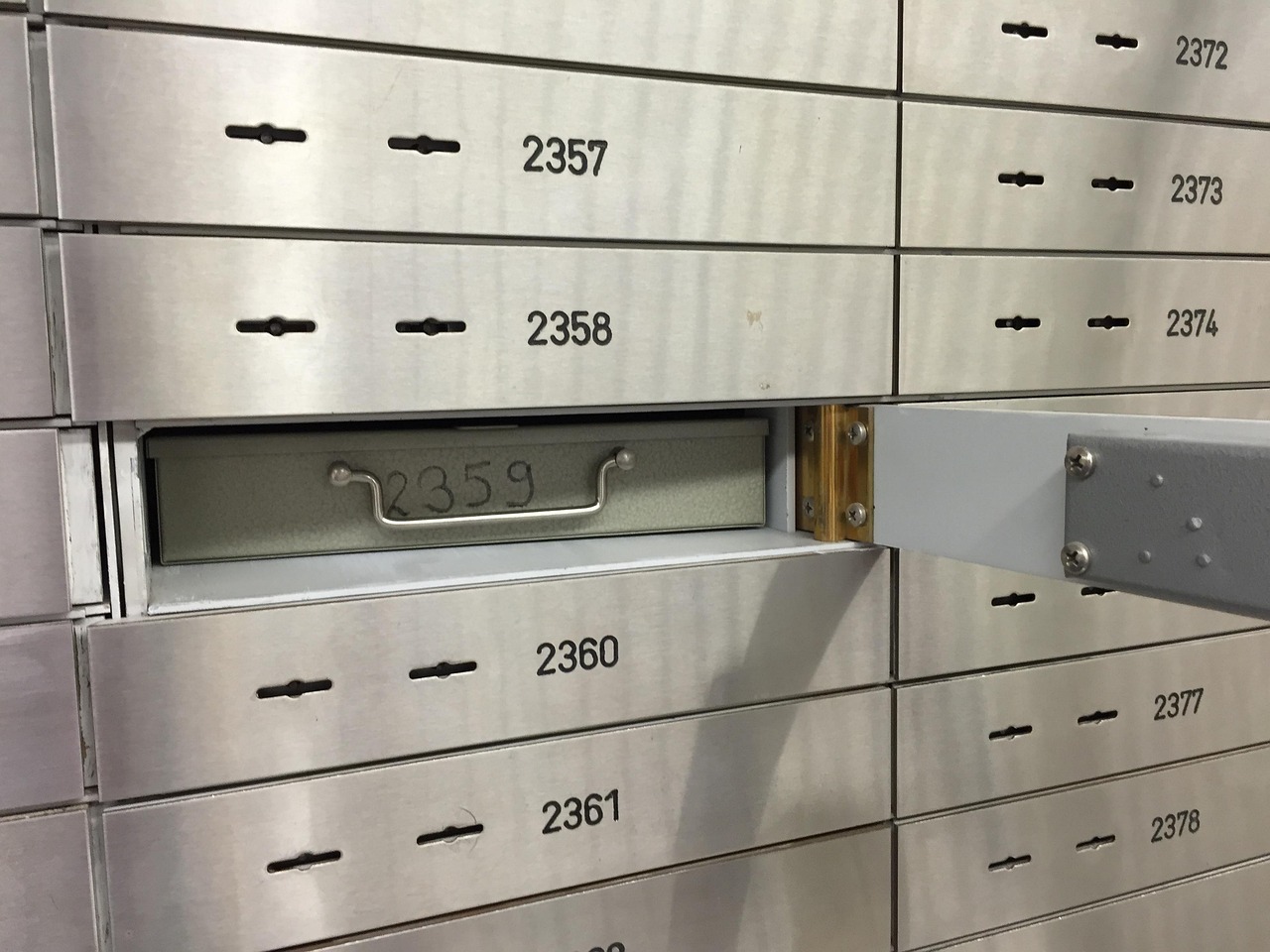 Rows of bank vault safe deposit boxes
