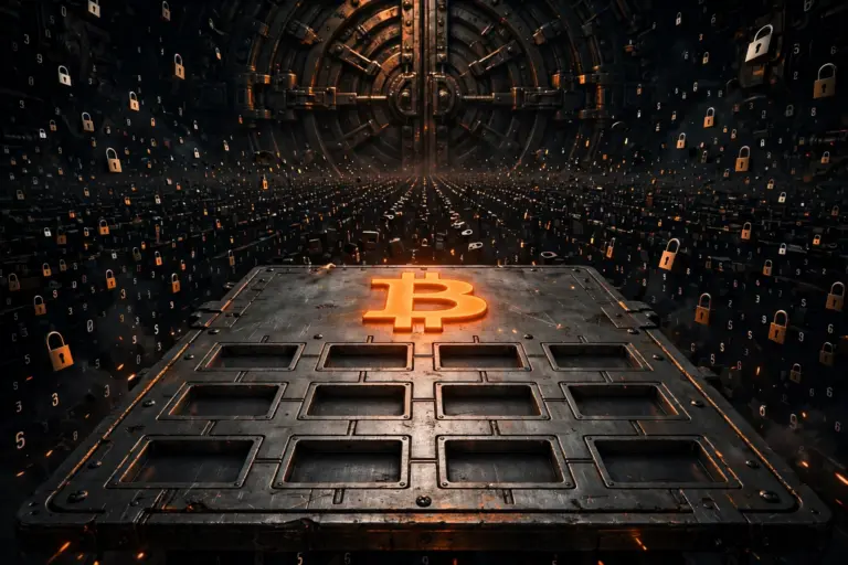 Bitcoin seed phrase engraved on a metal plate facing an infinite field of combination locks