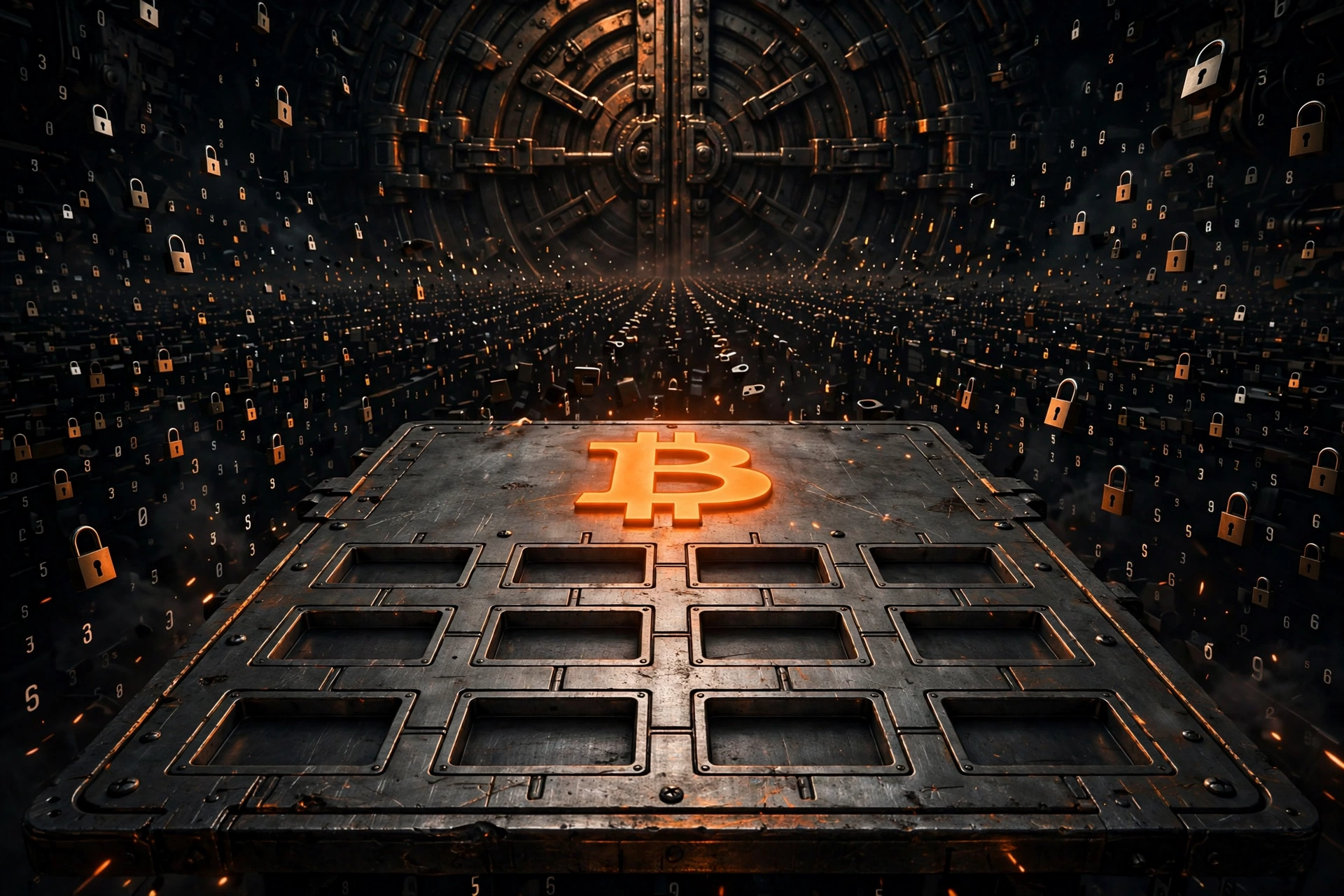 Bitcoin seed phrase engraved on a metal plate facing an infinite field of combination locks