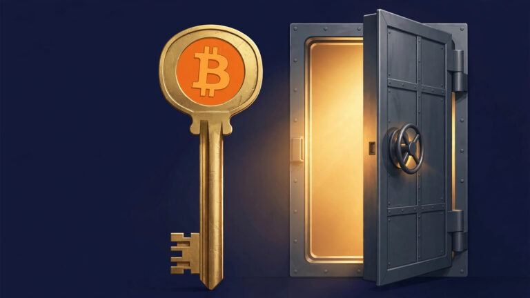 Brass bitcoin key guarding a vault, self-custody concept
