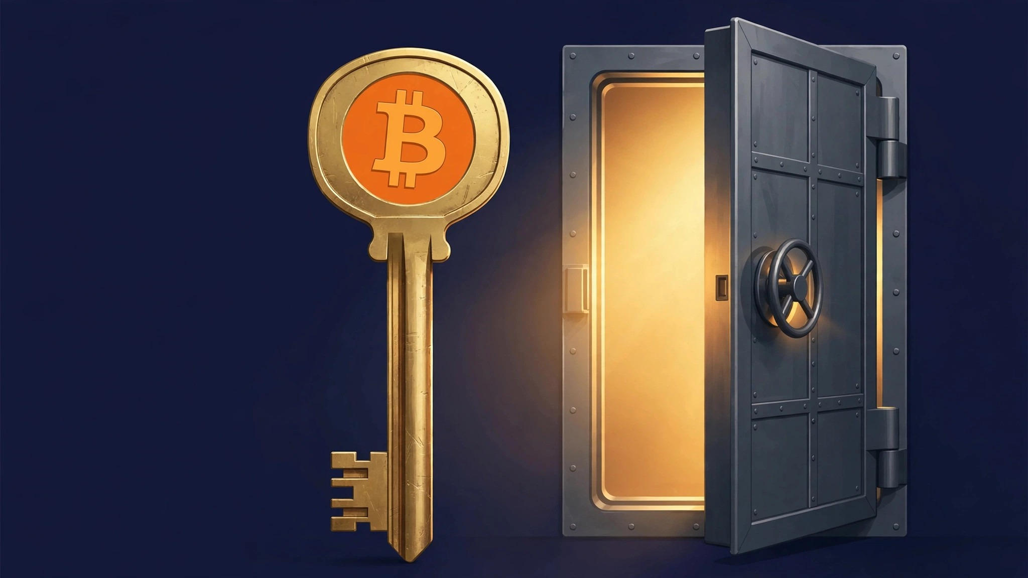 Brass bitcoin key guarding a vault, self-custody concept