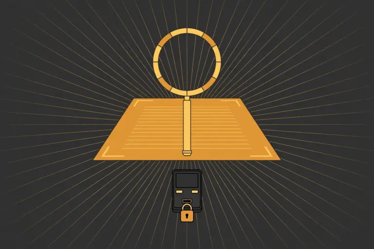 Auditable Bitcoin Core cold storage guide under a magnifying glass next to a locked hardware wallet