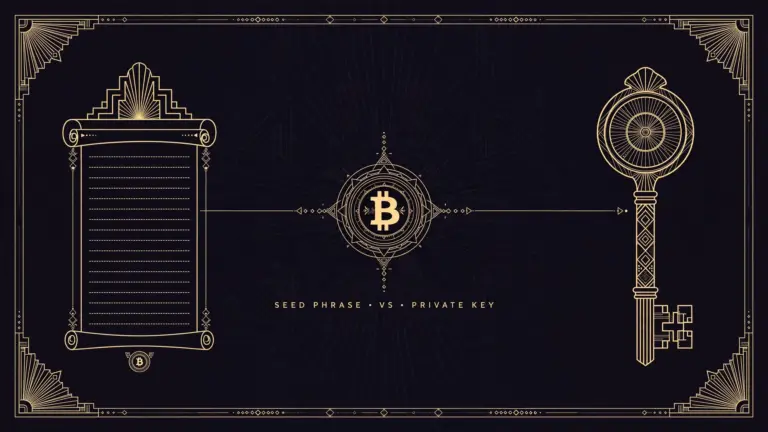Art deco illustration comparing a seed phrase scroll and a private key