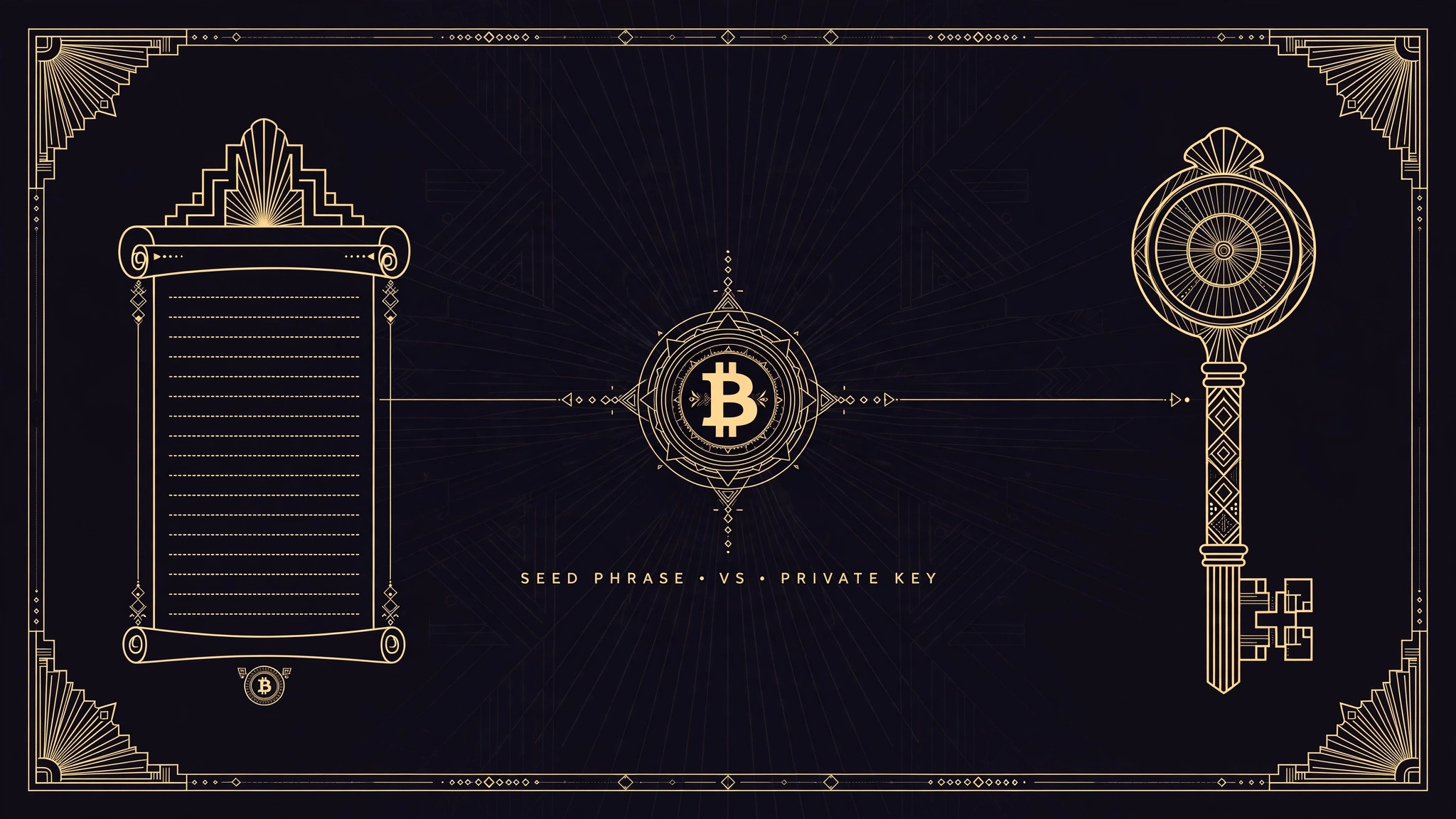 Art deco illustration comparing a seed phrase scroll and a private key