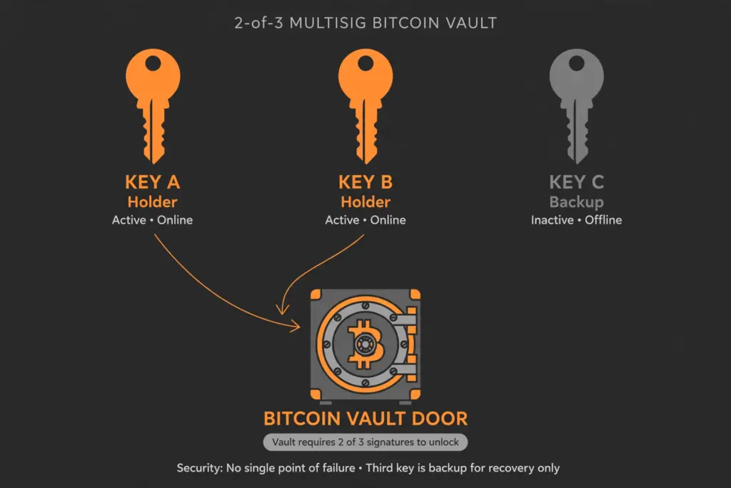 Infographic: how a 2-of-3 multisig bitcoin vault works