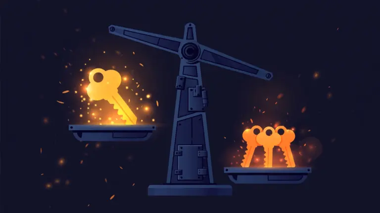 Balance scale weighing one golden key against three orange keys, an illustration of the choice between multisig and single-sig with passphrase