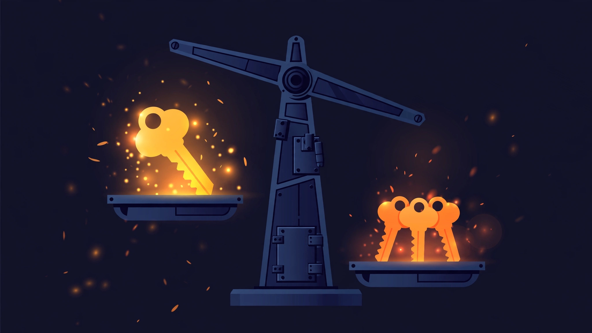 Balance scale weighing one golden key against three orange keys, an illustration of the choice between multisig and single-sig with passphrase