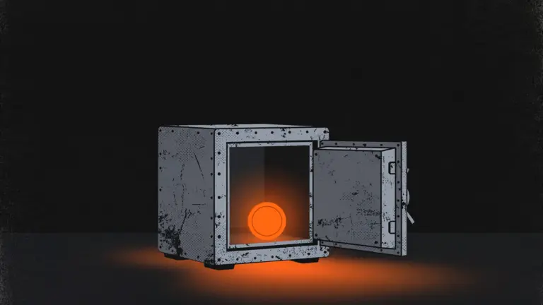 Open steel safe with a glowing orange bitcoin coin inside