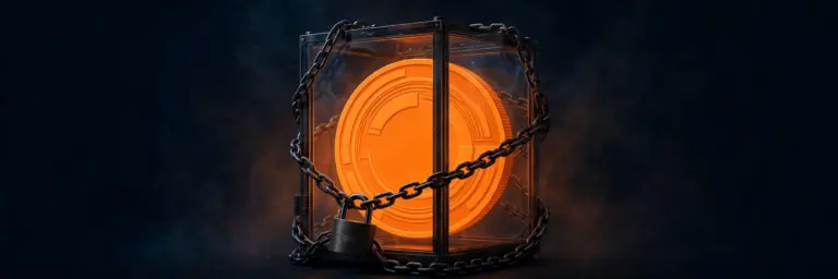 Bitcoin coin locked in a chained glass vault