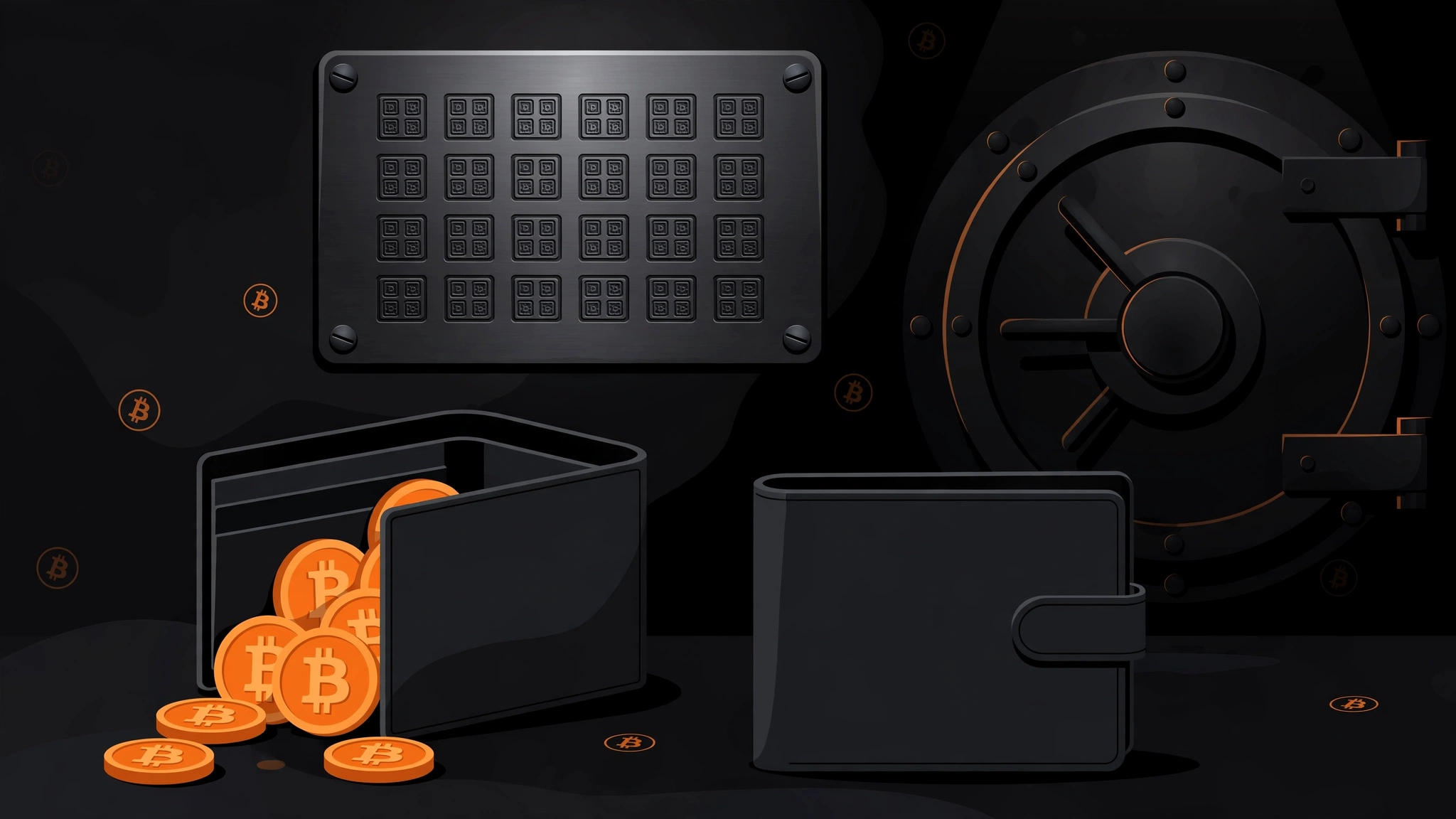 Decoy wallet with a passphrase: metal seed backup plate in front of a passphrase-locked vault