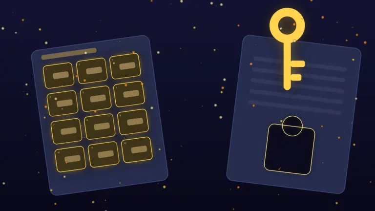 Twelve seed word slots beside a golden key over a wallet descriptor document